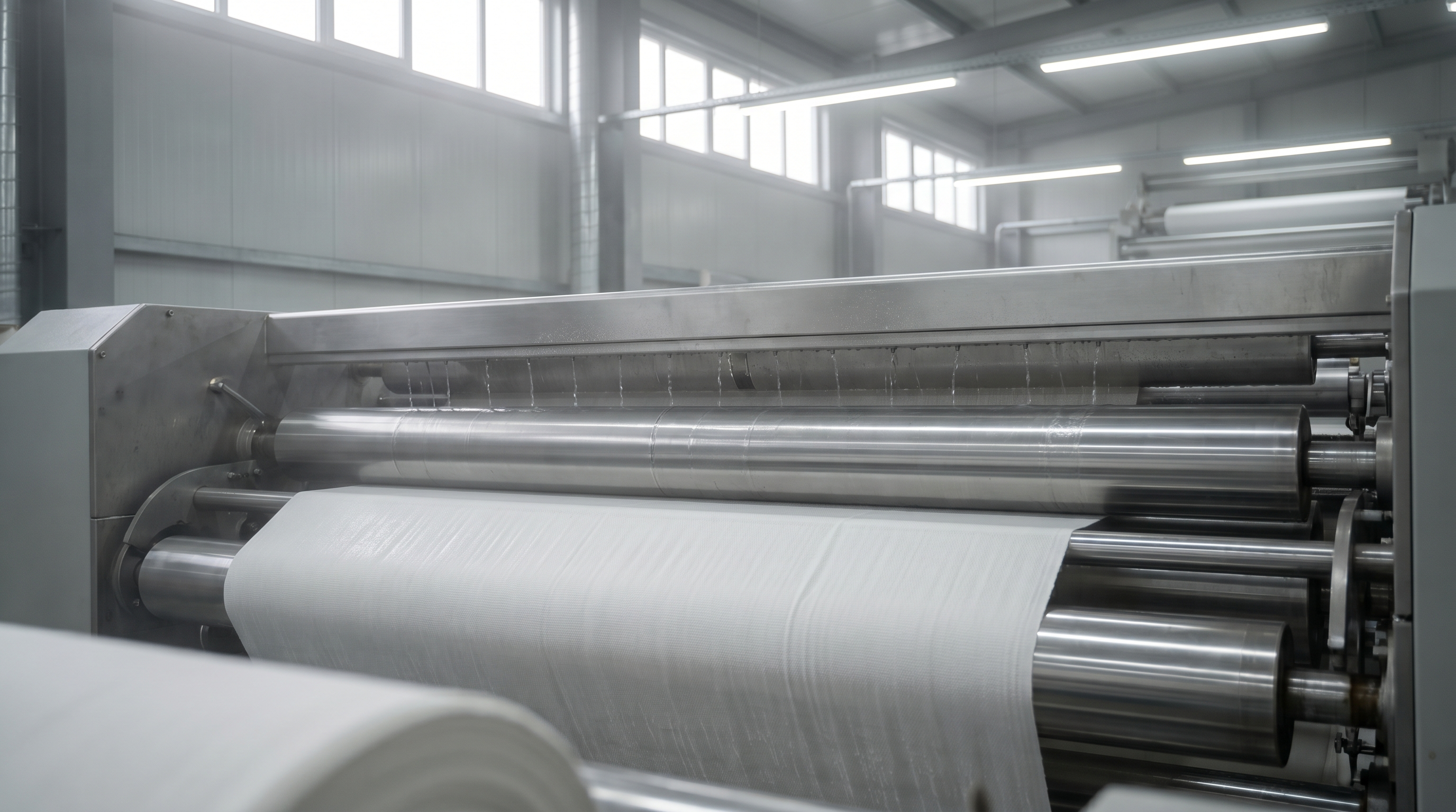 Padder applying silicone finish to a continuous roll of woven fabric on a textile finishing line