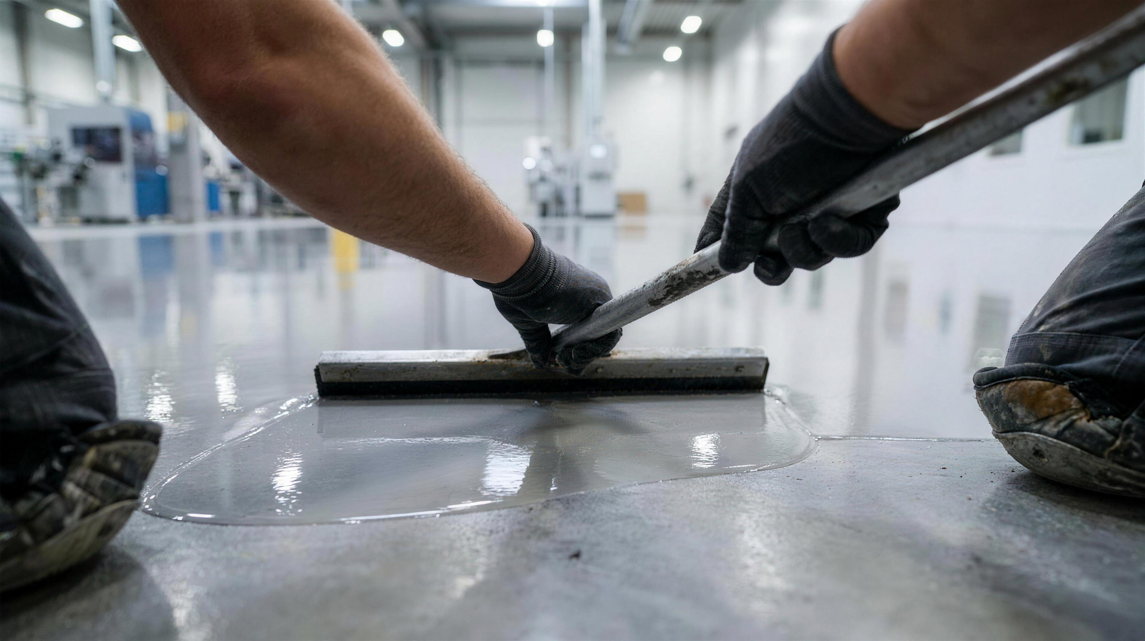 Applicator in gloves spreading a clear glossy polyaspartic floor coating across grey concrete with a wide steel squeegee
