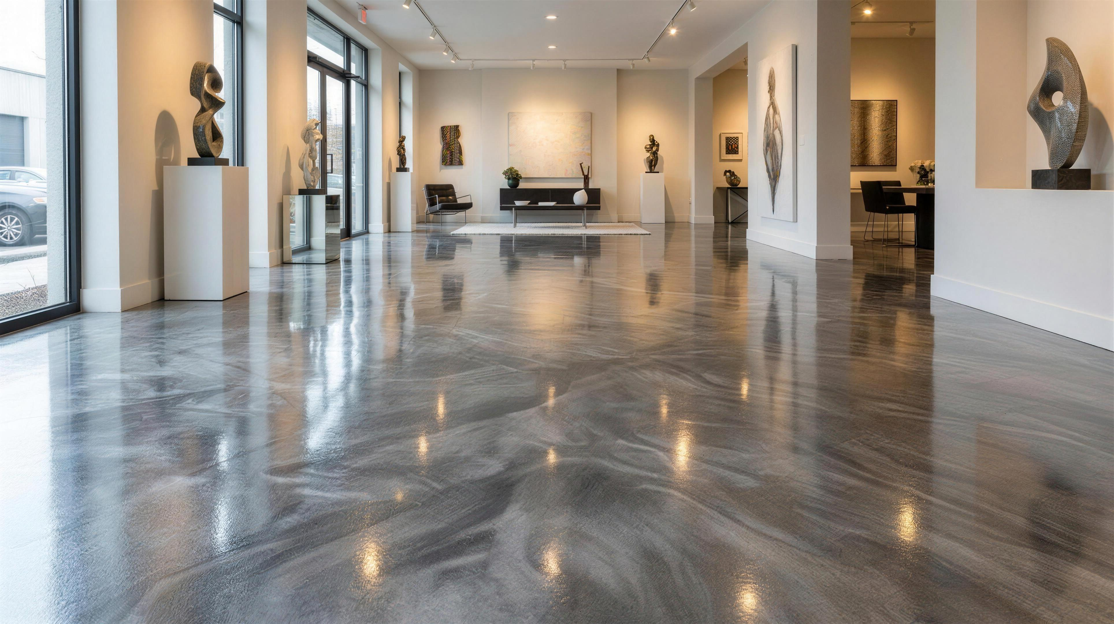 Polished decorative pearl-grey and charcoal metallic flake floor with a deep glossy clear topcoat in a modern showroom