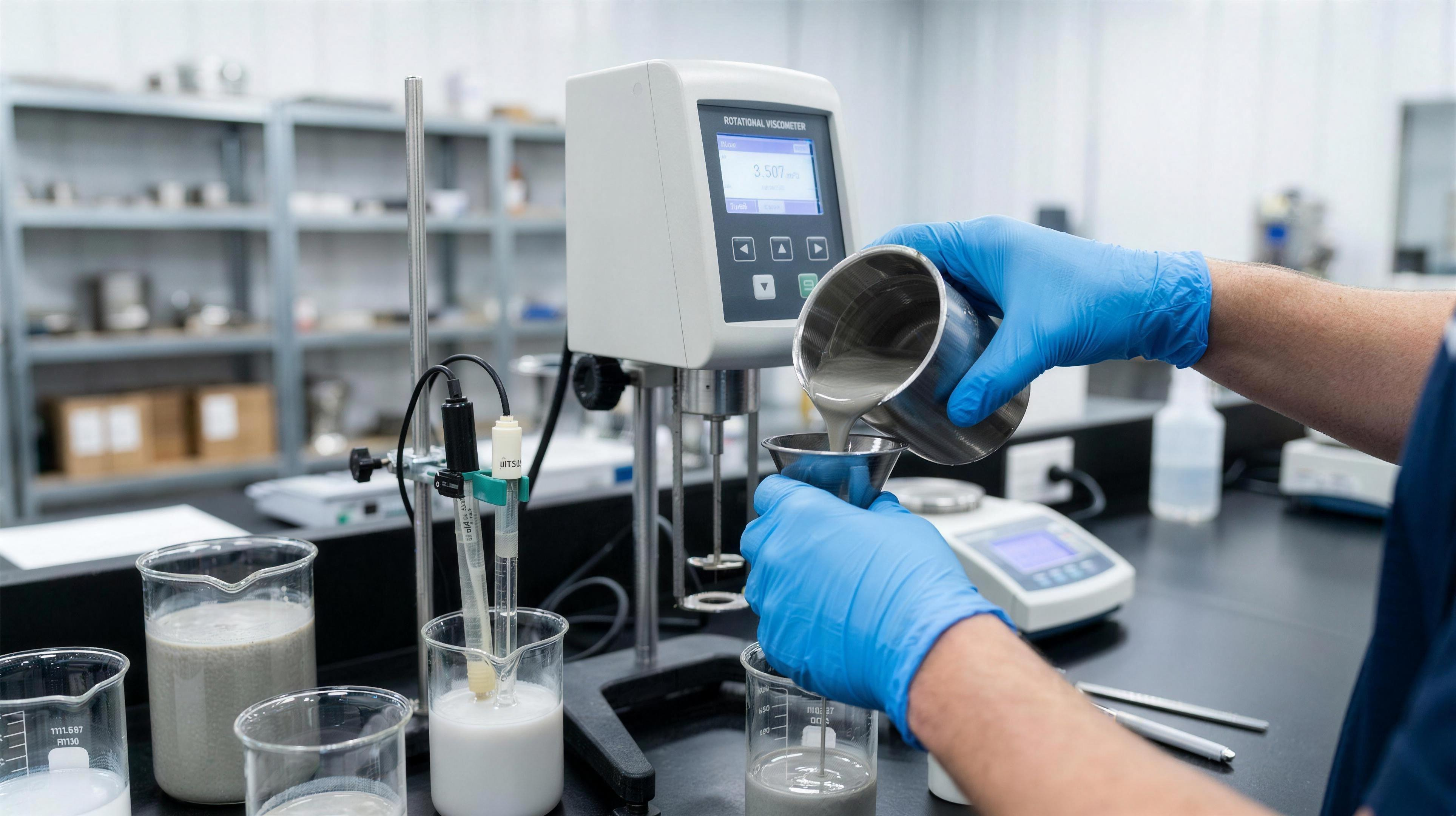 Drilling-fluids laboratory technician measuring viscosity of grey drilling mud beside a rotational viscometer and pH probe