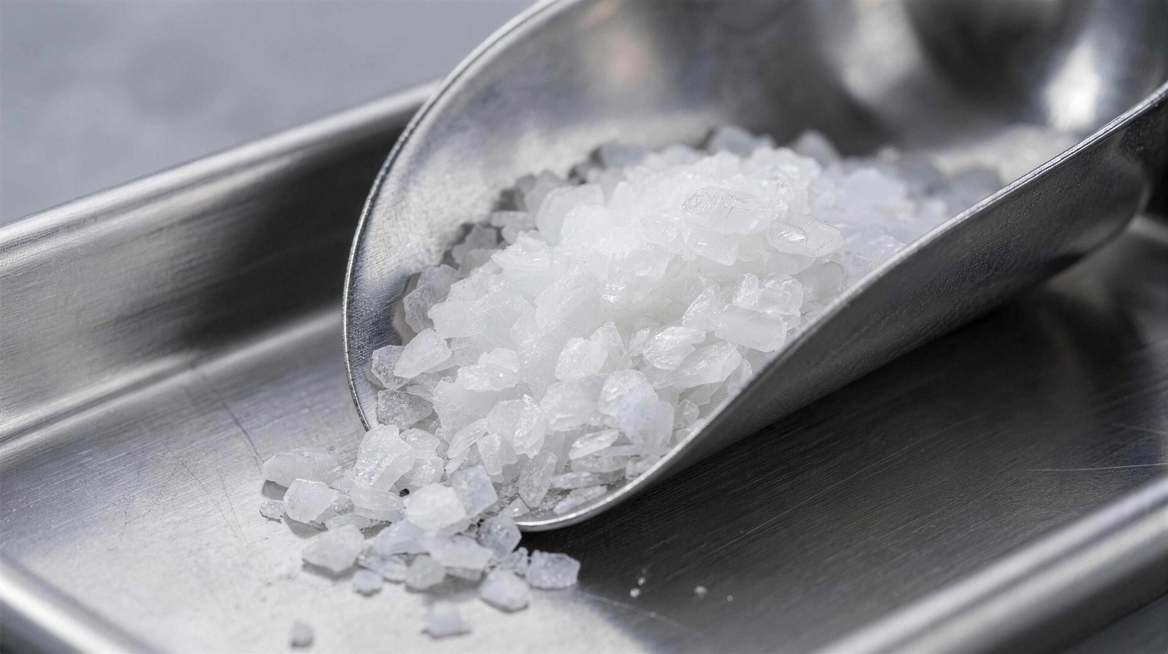 White caustic potash potassium hydroxide flakes in a stainless steel industrial scoop and tray