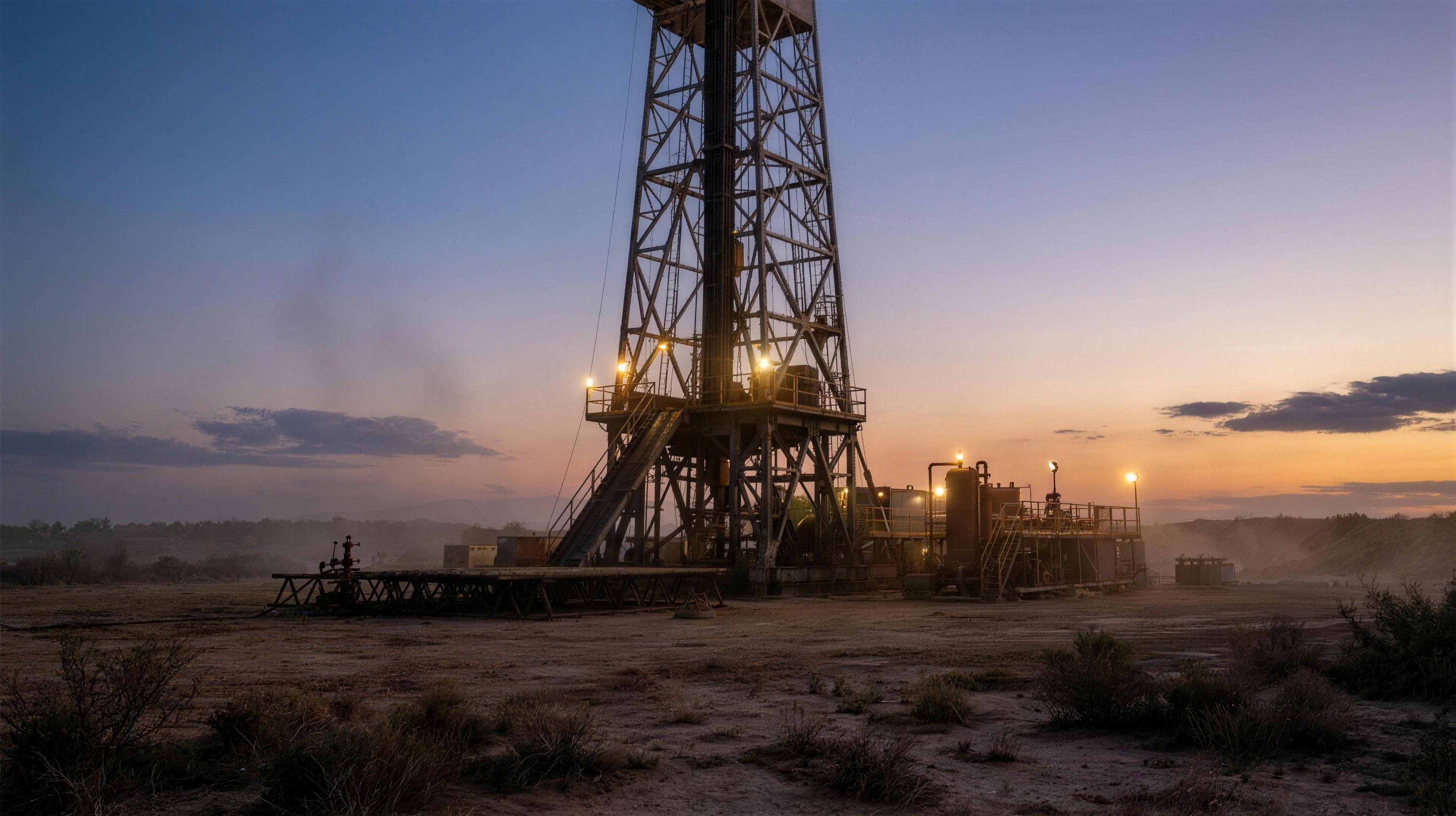 Onshore oil and gas drilling rig derrick at dusk on a desert lease site