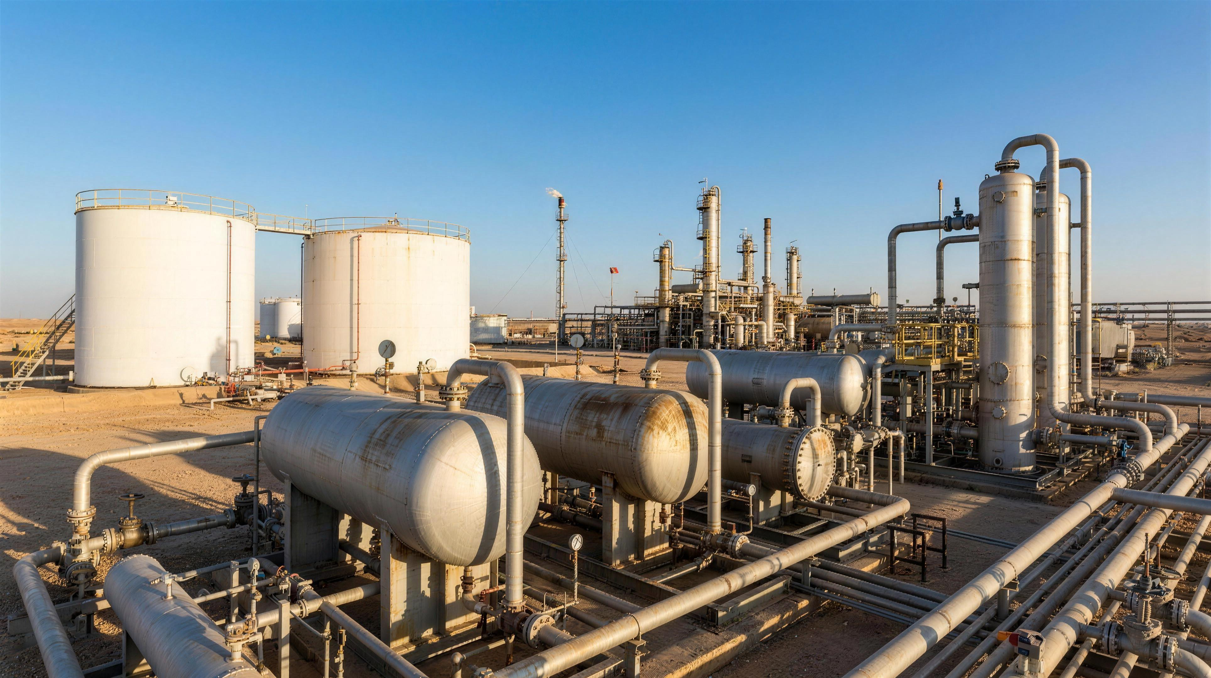 Oil and gas production facility with storage tanks, separator vessels and process piping
