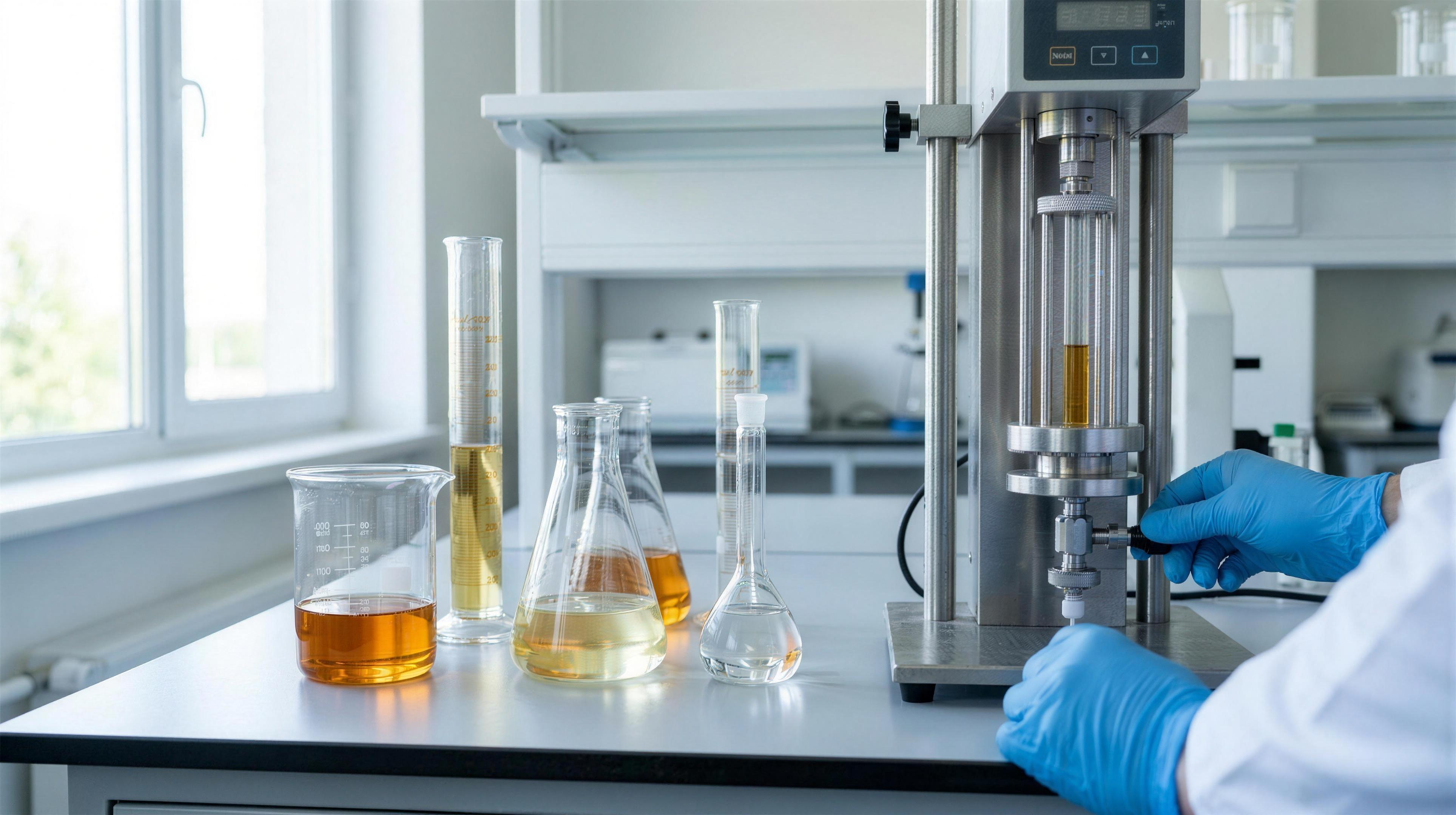 Oilfield chemistry laboratory bench with sample beakers and a viscosity test apparatus