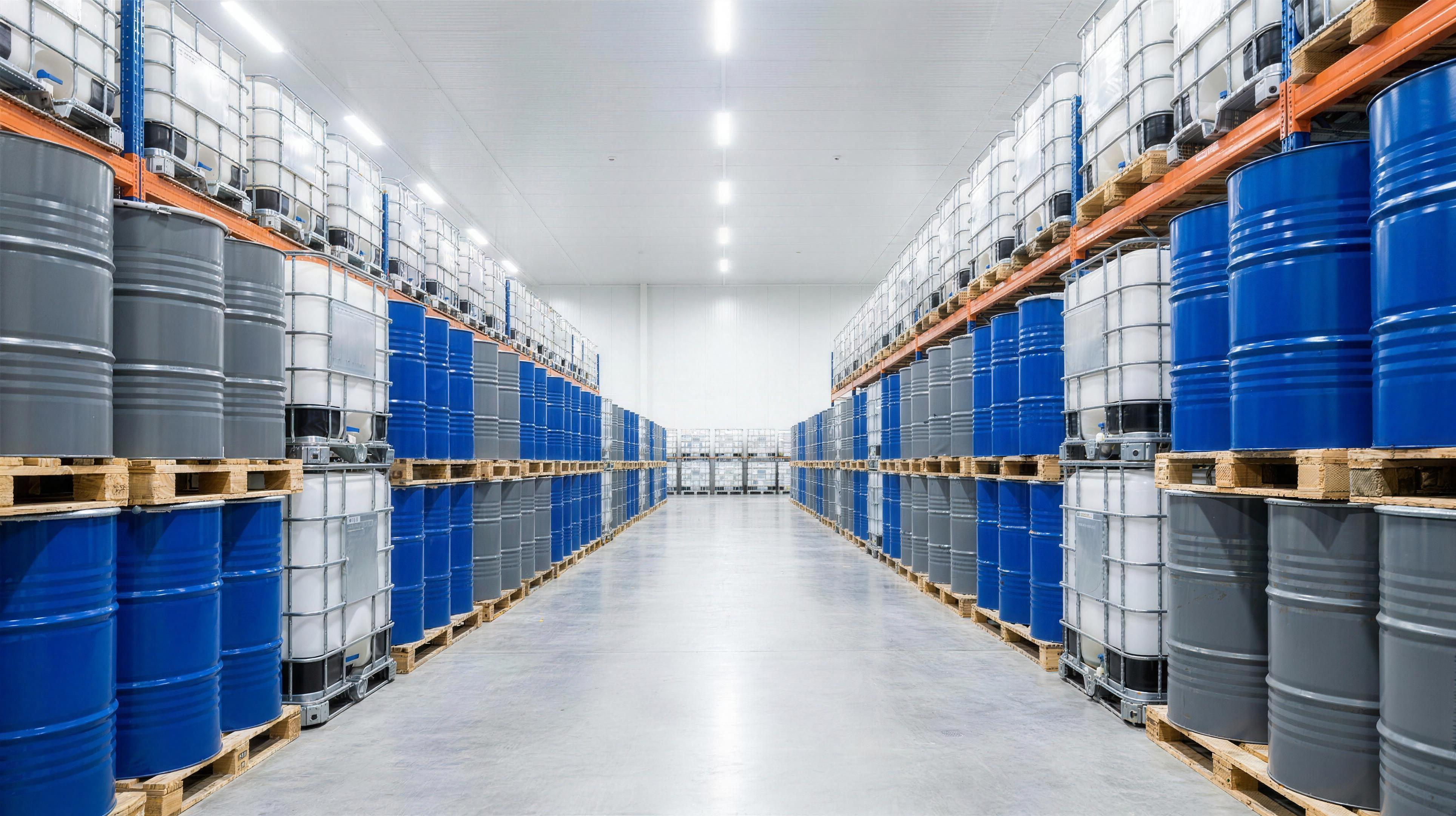 Industrial steel chemical drums and IBC totes on pallets in a clean warehouse