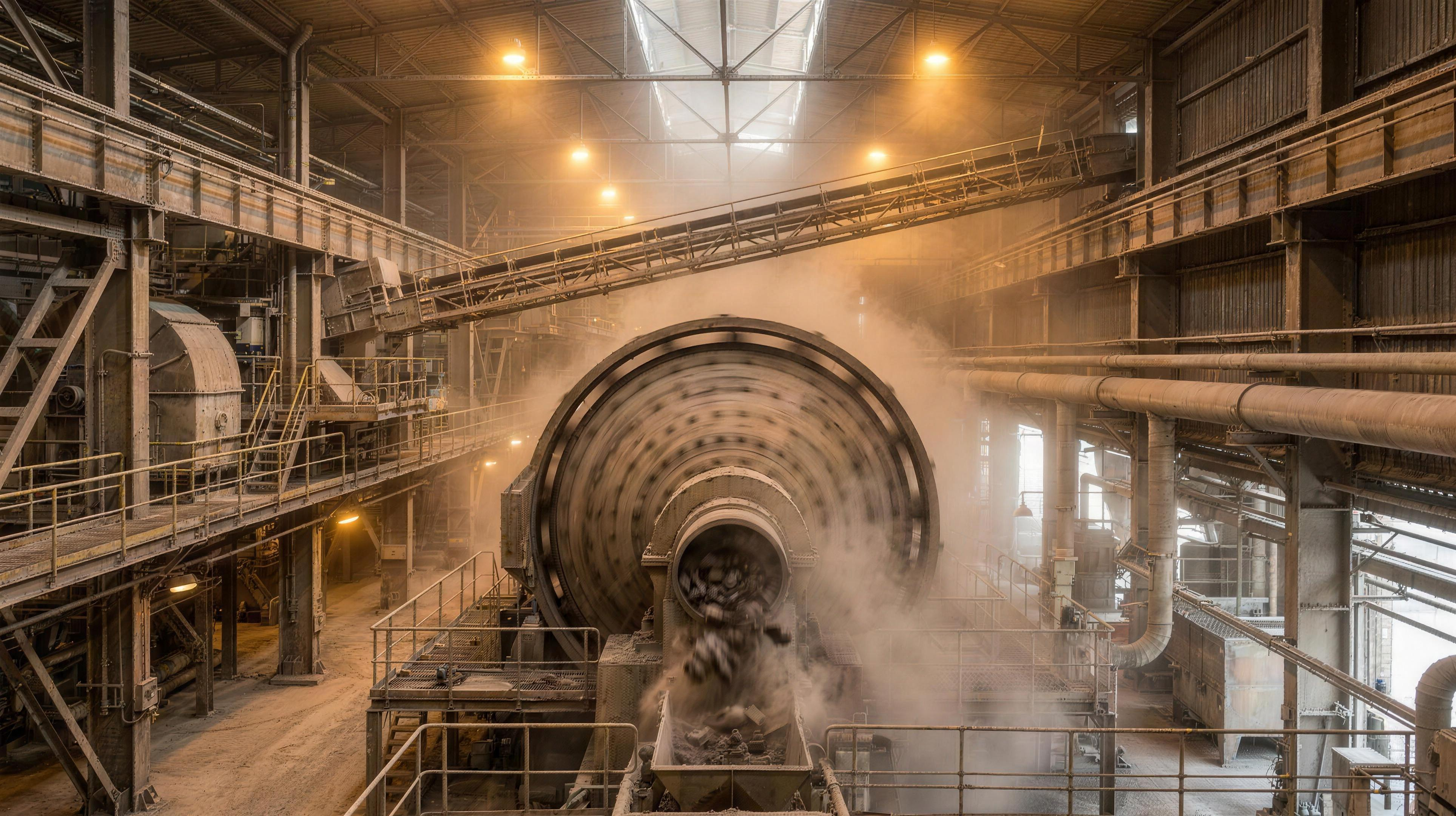 Industrial cement plant interior with a large ball mill grinding clinker into grey powder