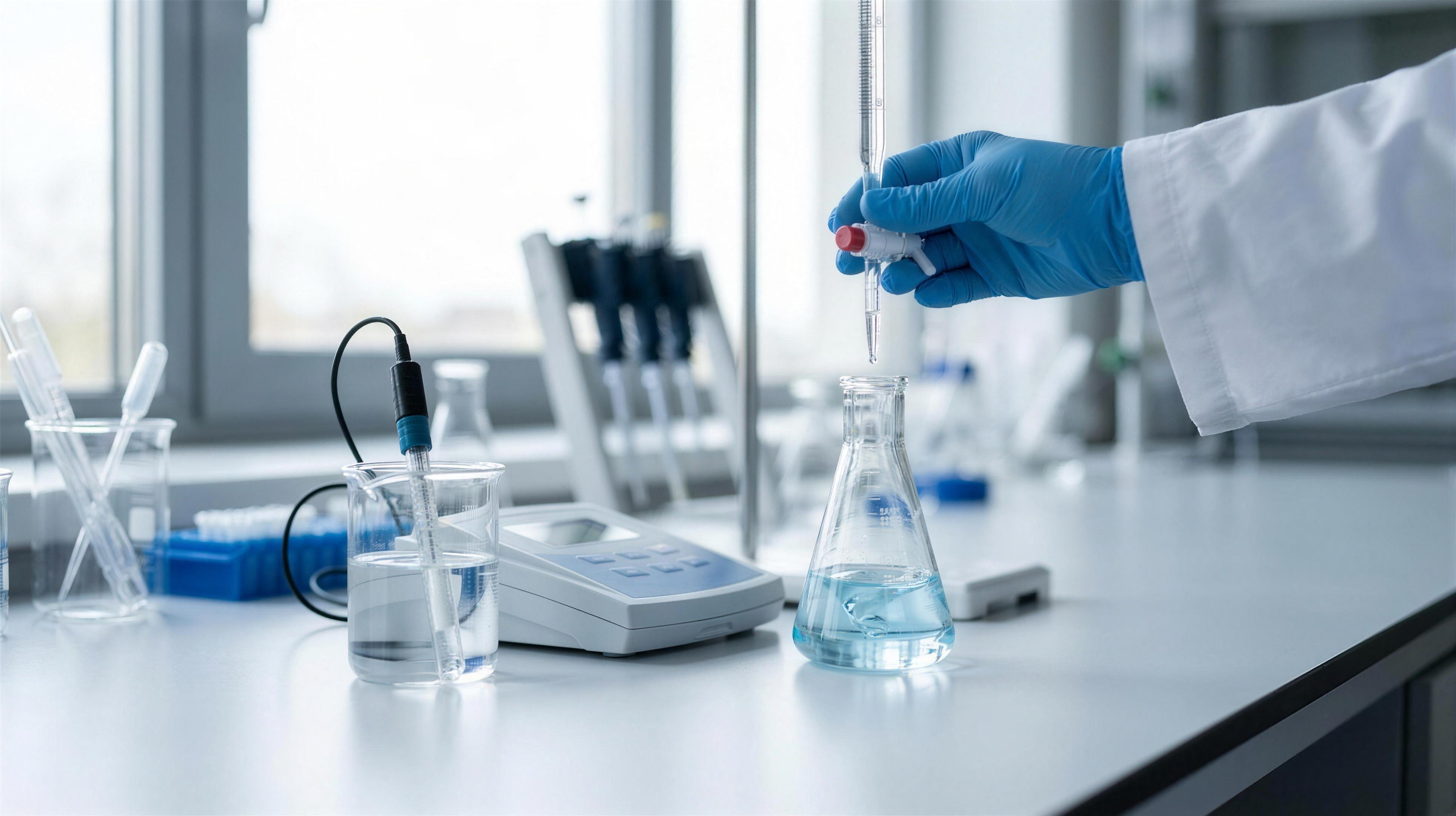 Chemistry lab titration and pH testing setup measuring the basicity of an amine solution