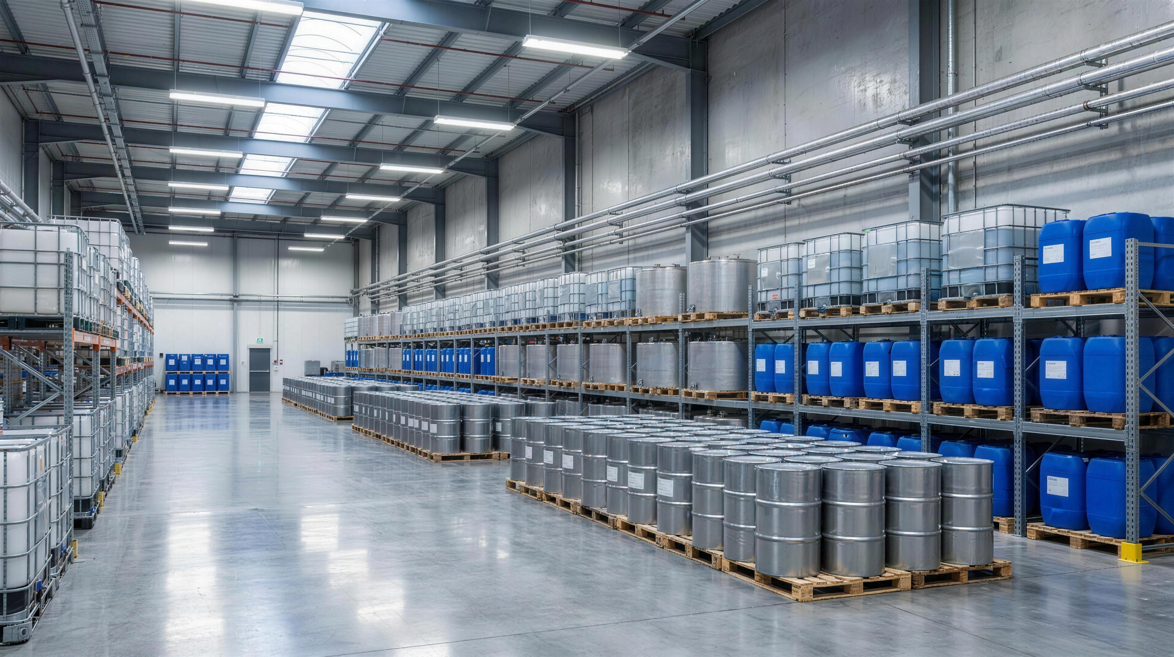 Bulk industrial amine storage in totes, IBCs and drums in a chemical distribution warehouse