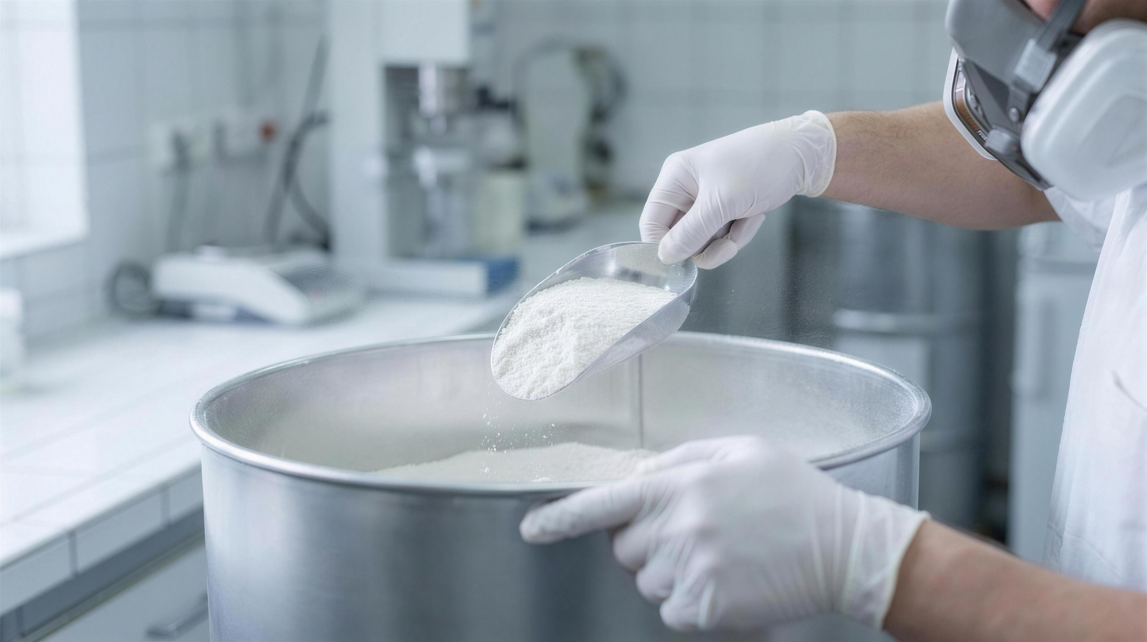 Worker in nitrile gloves and a respirator scooping fine white inorganic powder from a drum, illustrating dust-control PPE for handling antimony trioxide