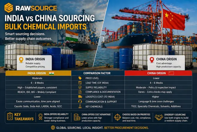India vs China Chemical Sourcing: Cost, Lead Time, and Risk Comparison (2027 Update)