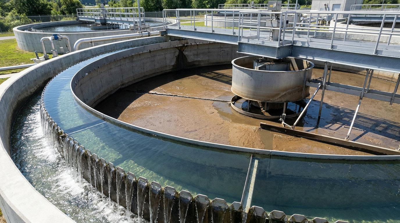 industrial water-clarification settling tank with clear supernatant over settled solids