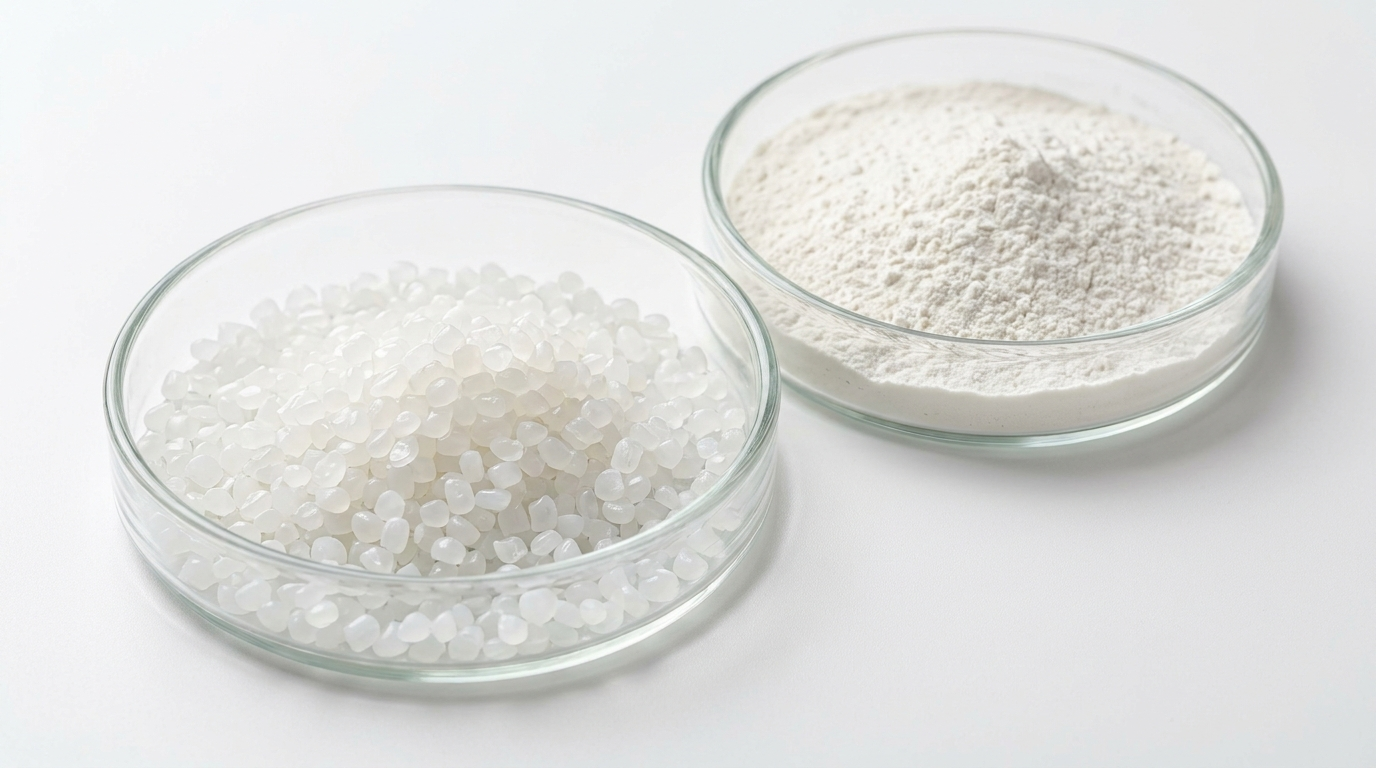 white free-flowing polymer granules and fine powder side by side in lab dishes