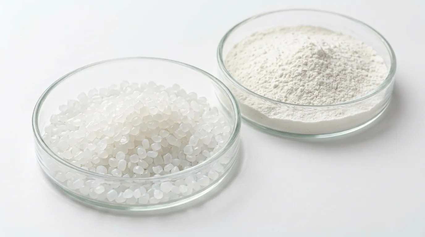 white free-flowing polymer granules and fine powder side by side in lab dishes