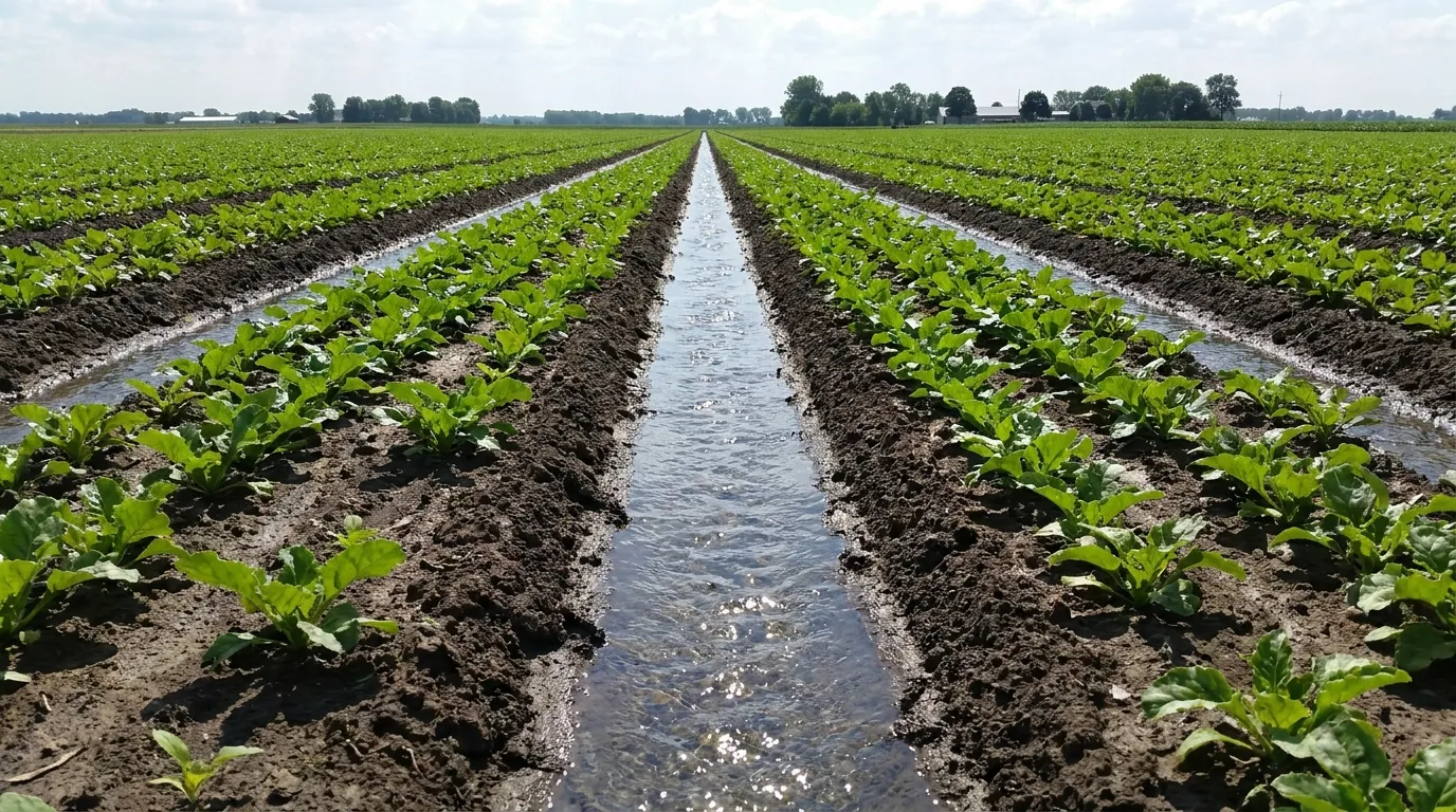 furrow irrigation channel in a field with clear tailwater