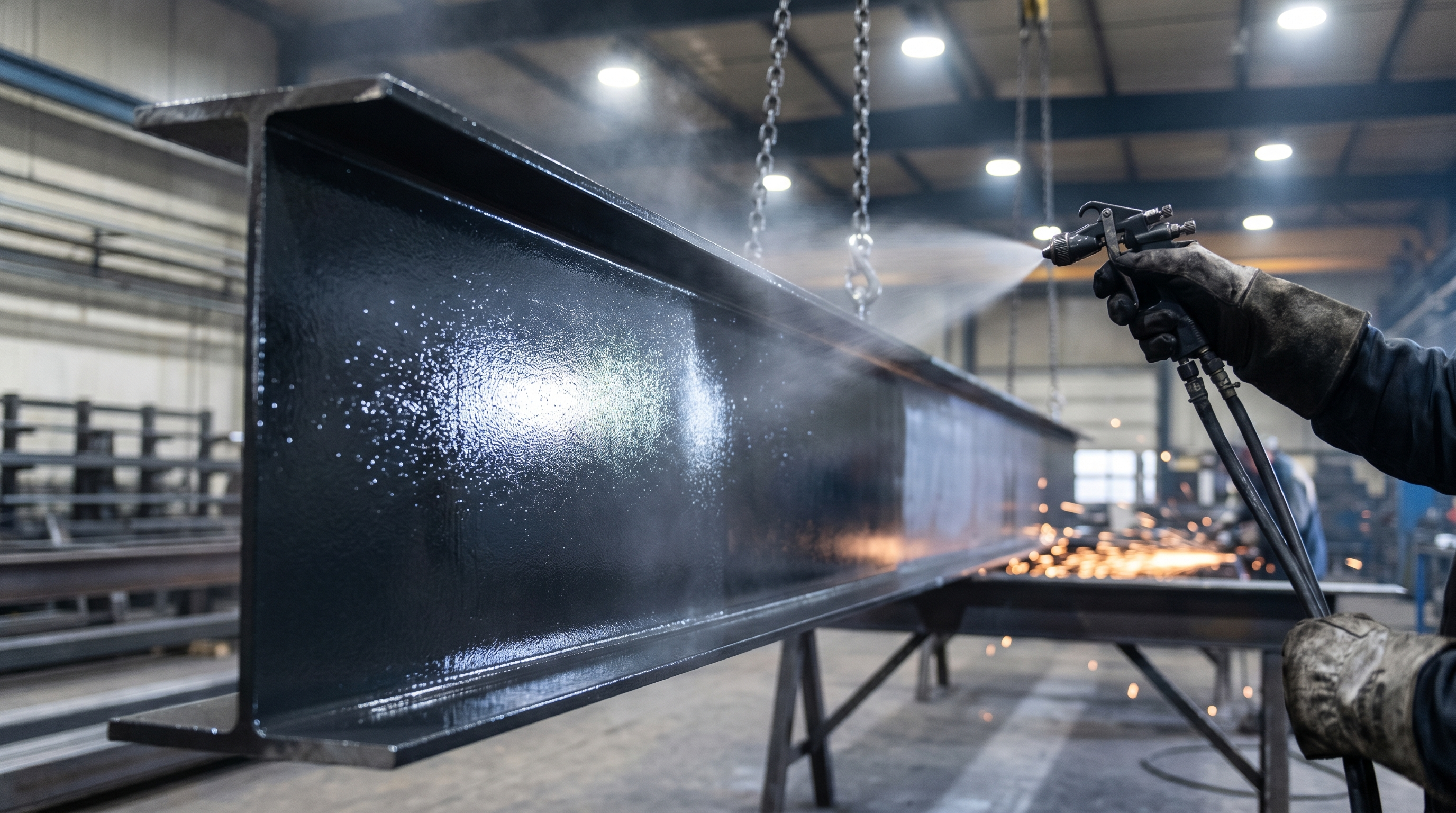 Protective alkyd enamel coating being spray-applied to a structural steel beam in a fabrication shop