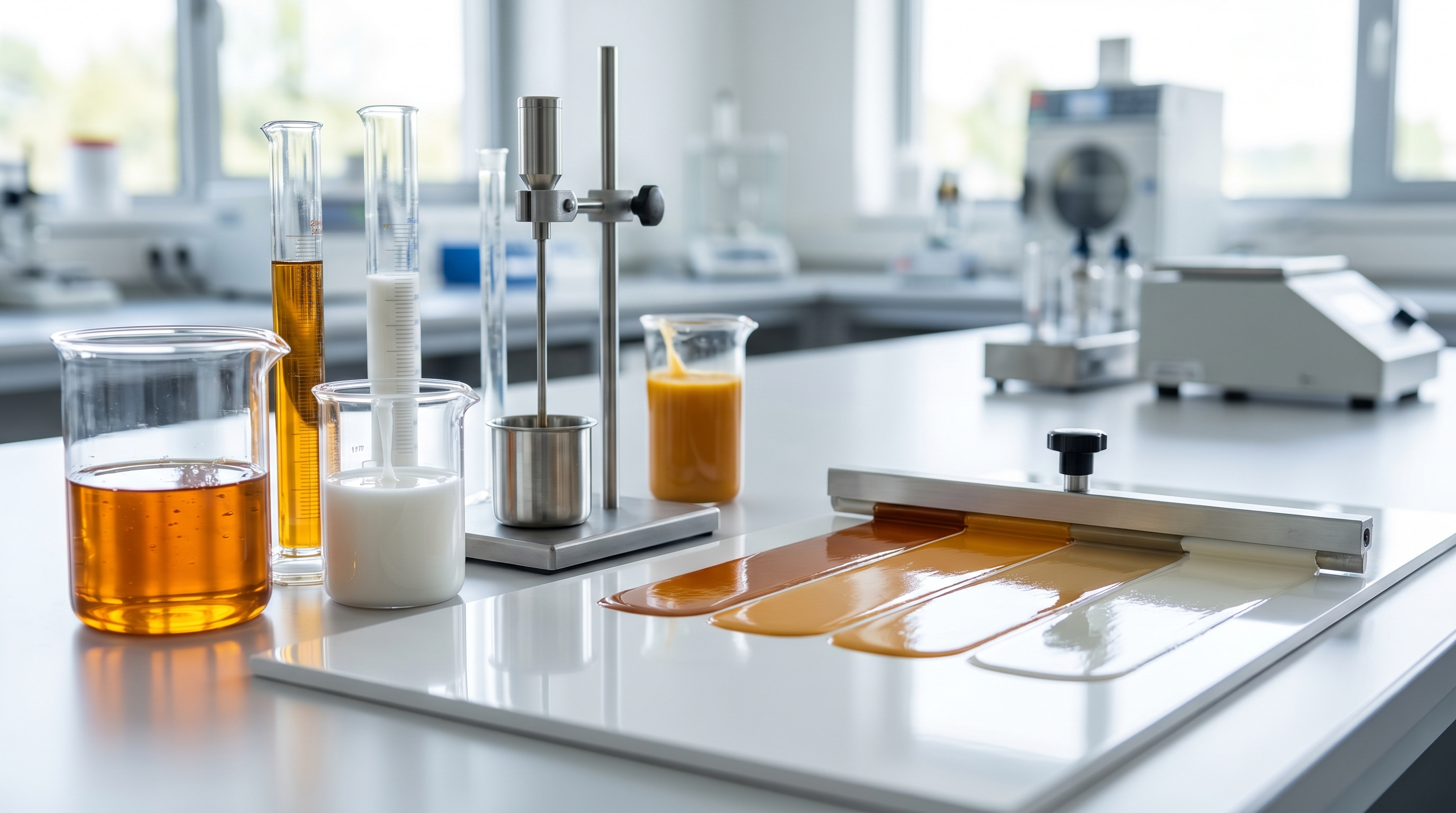 Coatings quality-control laboratory with amber alkyd resin in beakers and drawdown panels