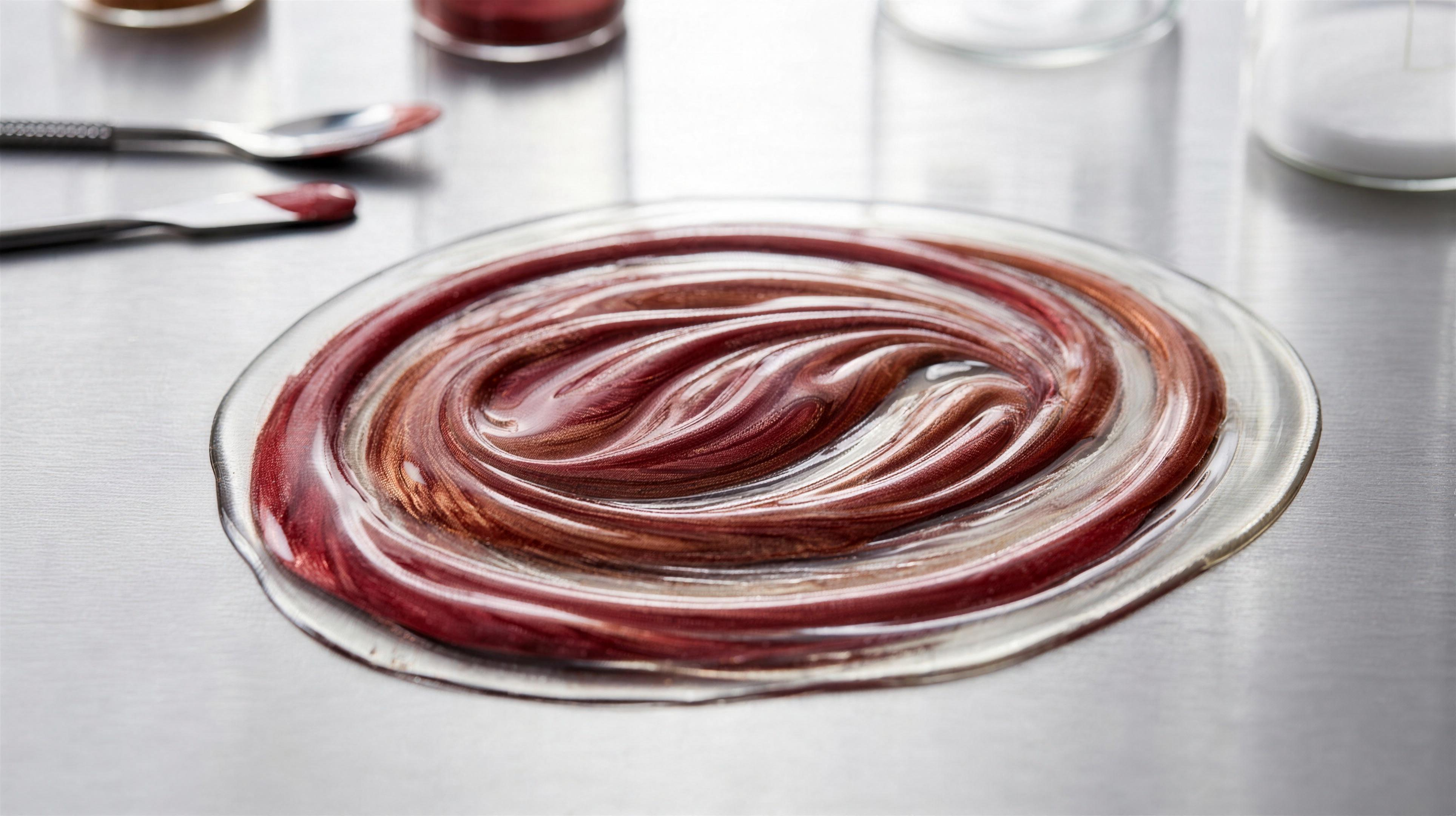 Deep red color cosmetic pigment paste dispersed and milled into a glossy oil base, illustrating isostearic acid pigment wetting