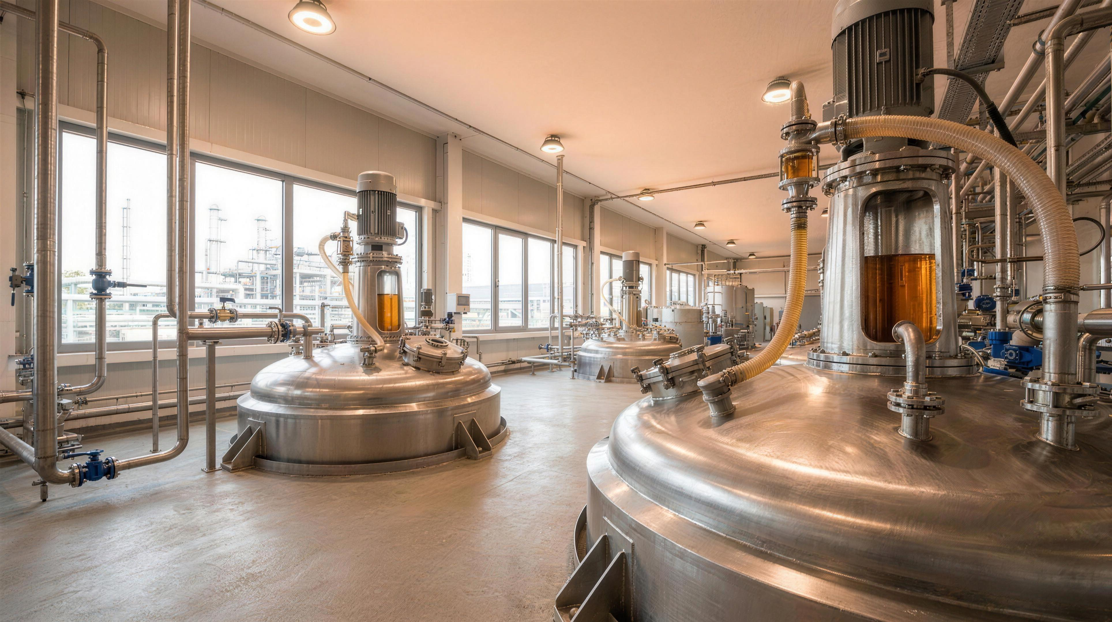 Stainless steel reactor vessels and amber base oil in a synthetic ester and lubricant production plant