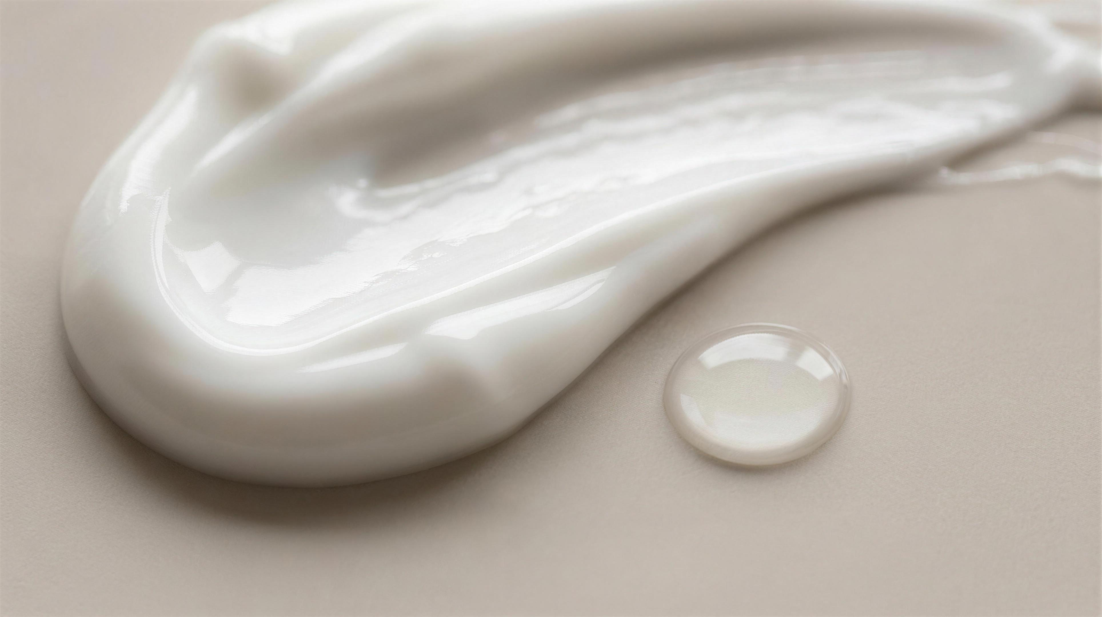 Macro texture of glossy white cosmetic cream and a clear silky serum drop