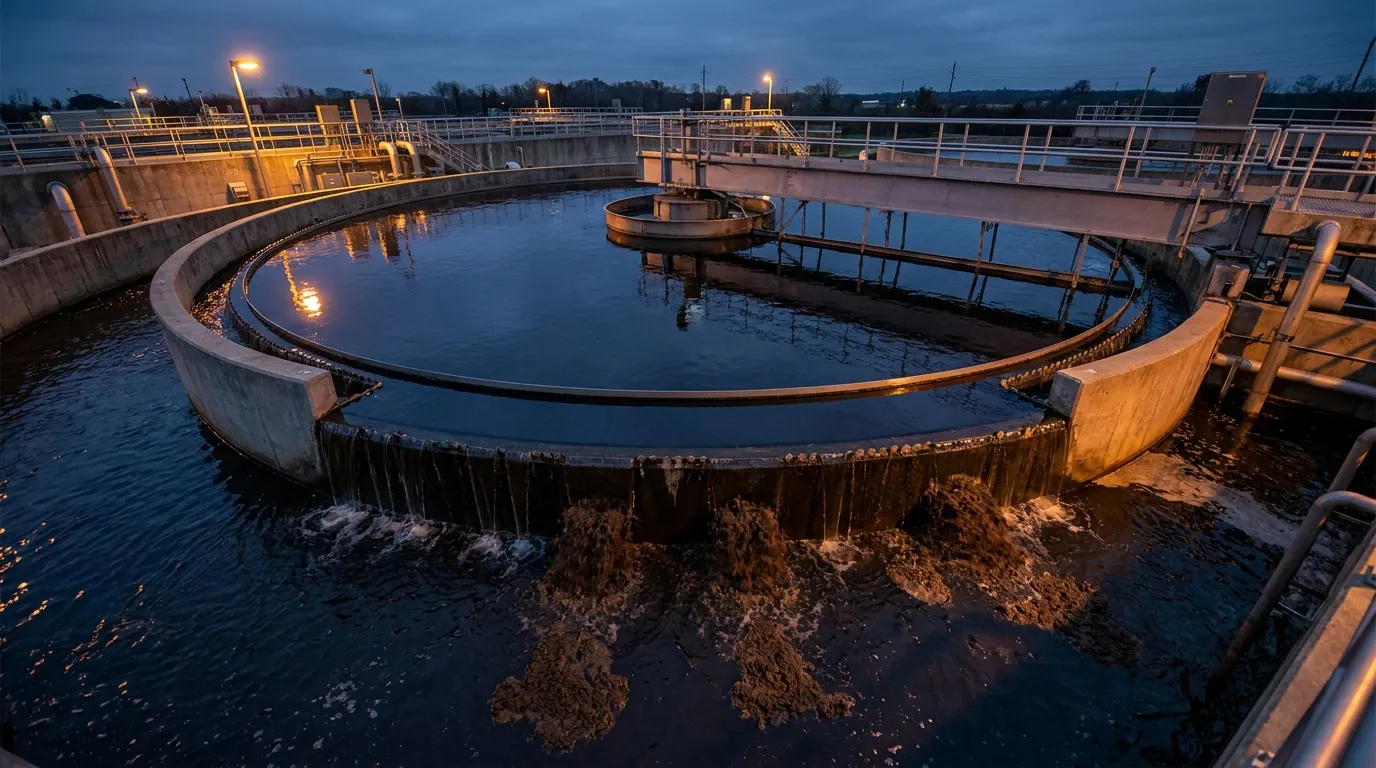 Municipal wastewater clarifier where polyacrylamide flocculates suspended solids for clarification and dewatering
