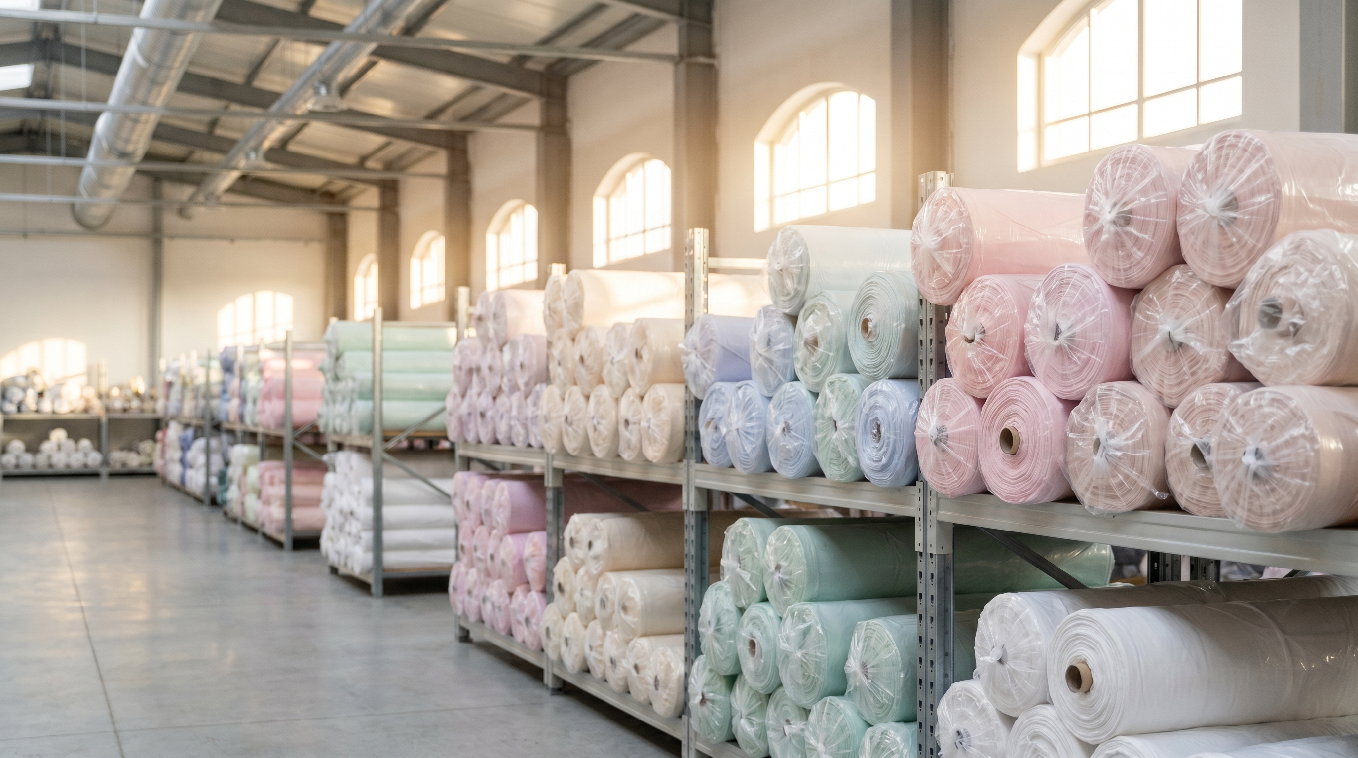 Rows of soft silicone-finished fabric rolls stored on racks in a textile mill warehouse