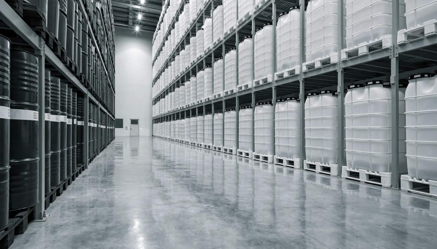 Organized bulk chemical warehouse with drums and IBC totes on racking