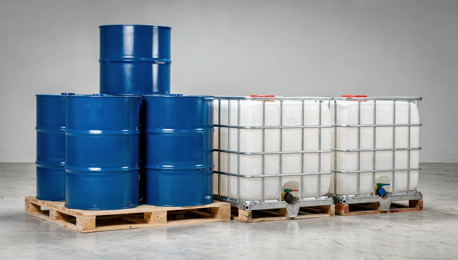 Blue industrial chemical drums and IBC totes on pallets