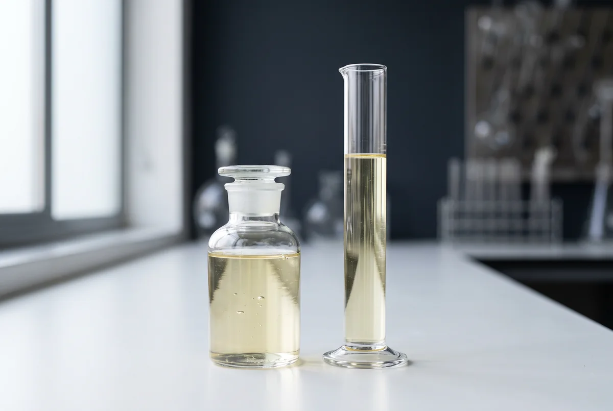 Clear pale yellow cocamidopropyl betaine solution in a glass sample bottle and a glass graduated cylinder on a white laboratory bench