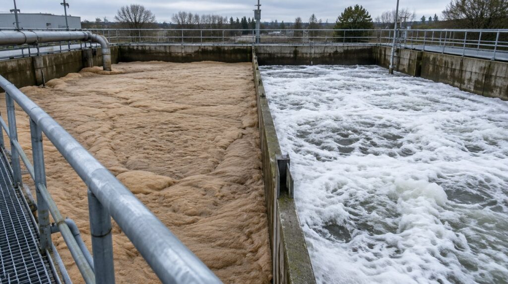 A defoamer for wastewater treatment clears surfactant foam but only delays biological foam
