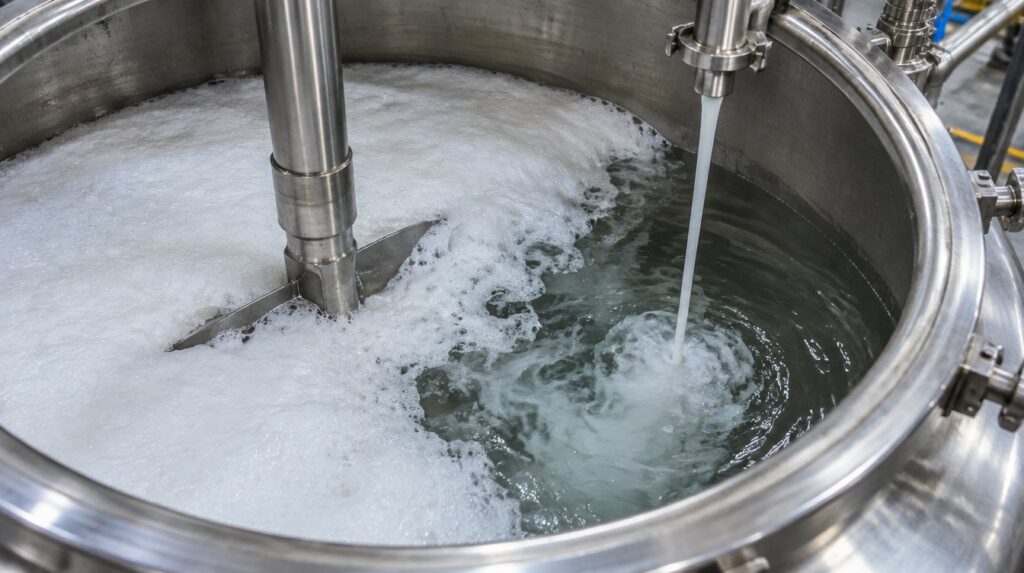 Silica makes silicone antifoam break foam fast, so percent active cannot rank two drums