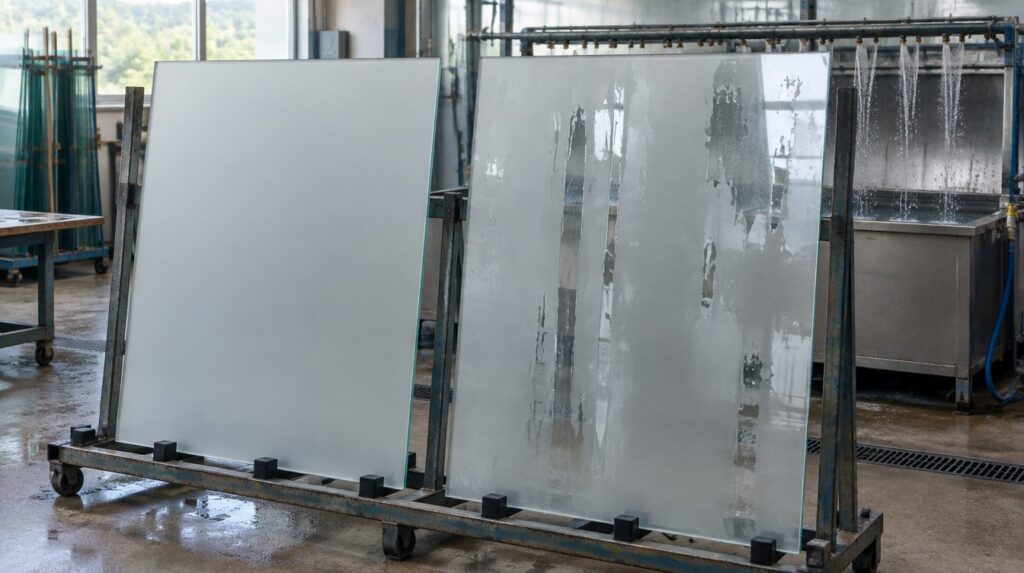 Hydrofluoric acid etches glass clear or frosts it, and the salt crust decides which