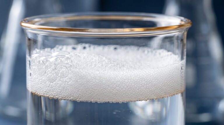 Macro photograph of fine white foam forming on a clear surfactant solution in laboratory glass
